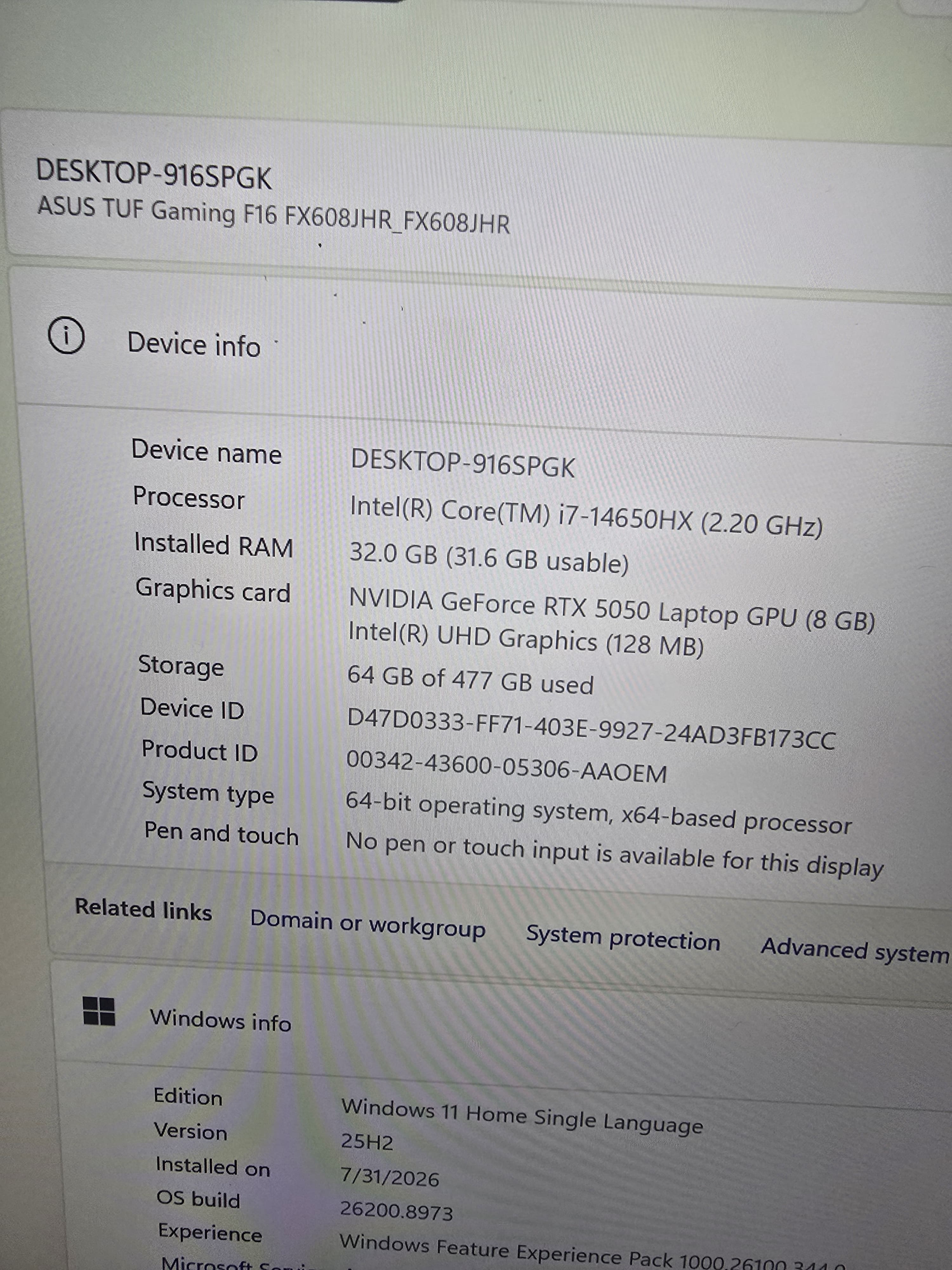 ASUS FX608JHR-I716512G0W TUF Gaming F16  - Intel Core i7-14650HX 16-Core (30MB Intel SmartCache) - Up to 5.20GHz Boost Clock - 8 Performance Cores, 8 Efficient Cores - 24 Threads, 16 Total Cores - 16" WQXGA (2560x1600) IPS-level 165Hz NVIDIA G-Sync Display - 72% NTSC, 100% sRGB, 75.35% Adobe Colour thumbnail