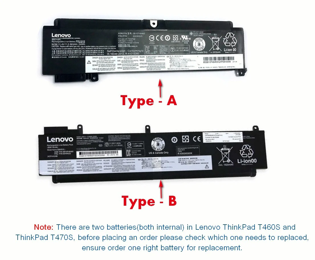 Lenovo ThinkPad T460S, T470S, T470S 20JS0014US, 00HW022, 00HW023, SB10F46460 Laptop Battery, 11.25V 1920mAh/24Wh thumbnail