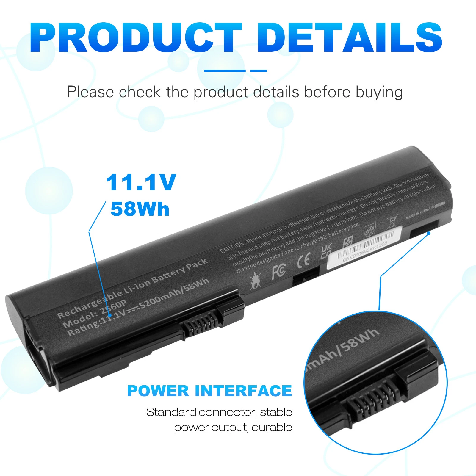 Hp Elitebook 2560p, 2530p, 2570p, 632419-001, SX06XL Laptop Battery, 11.1V 4400mAh/49Wh thumbnail