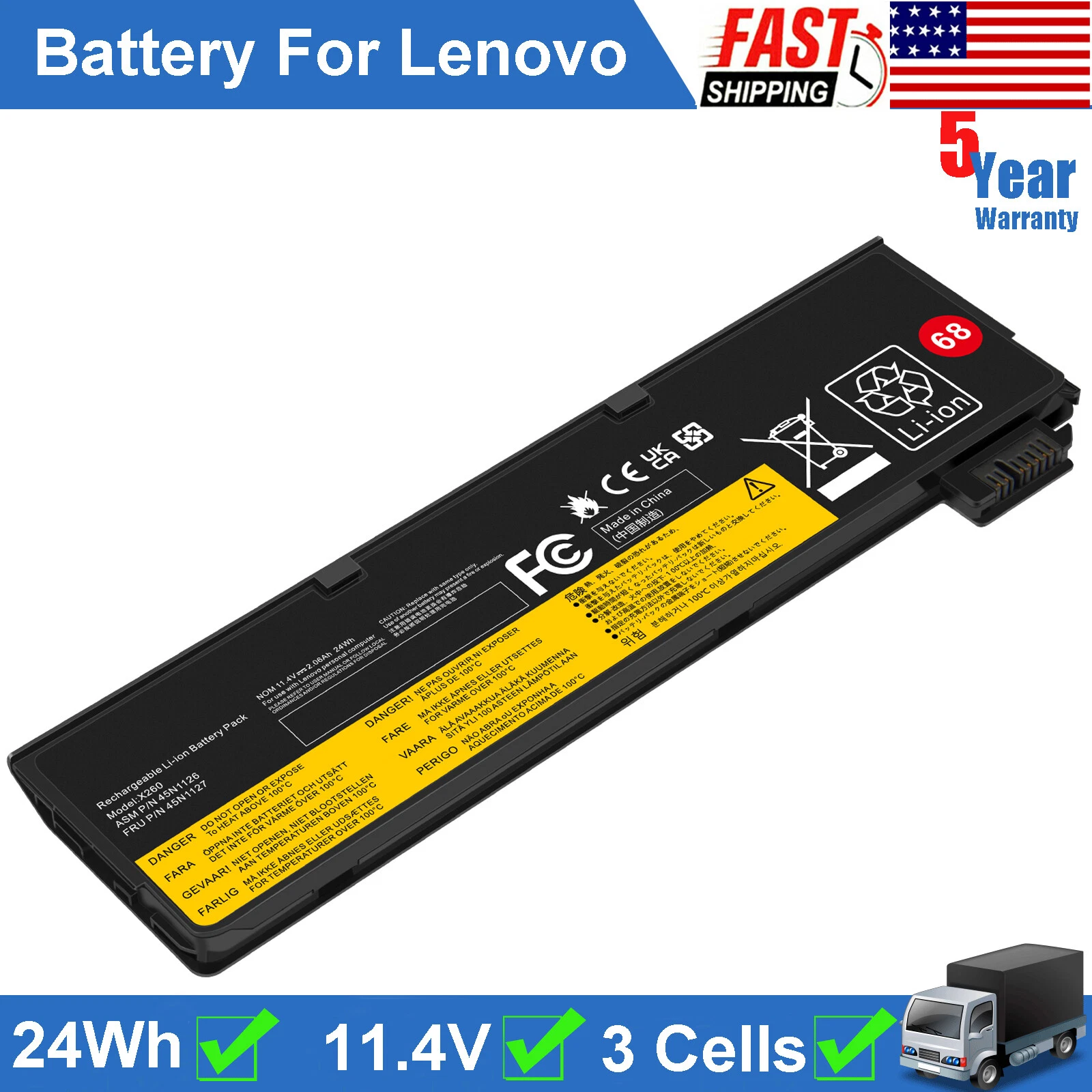Lenovo X240, T440s, S440, 45N1126, 121500214 Laptop Battery, 10.8 V 4400mAh/28Wh thumbnail