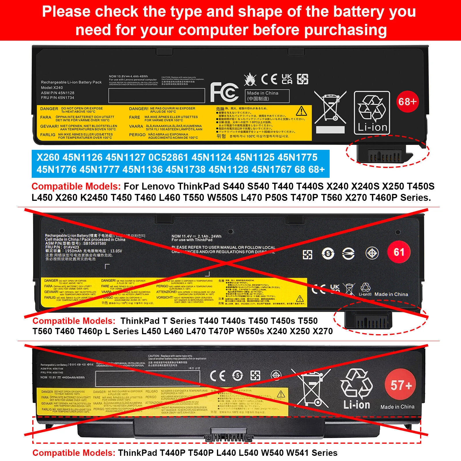Lenovo X240, T440s, S440, 45N1126, 121500214 Laptop Battery, 10.8 V 4400mAh/28Wh thumbnail