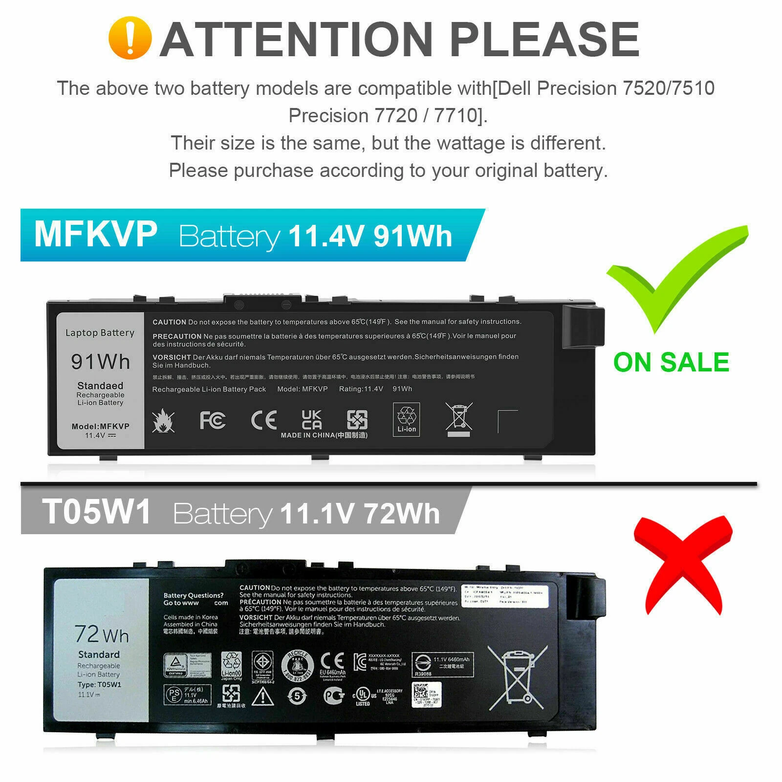 Dell Precision 15 7510, 7520, 17 7710, 7720, M7710, TO5W1, MFKVP, 1G9VM, M28DH, 0FNY7 Laptop Battery, 11.4V 91Wh thumbnail